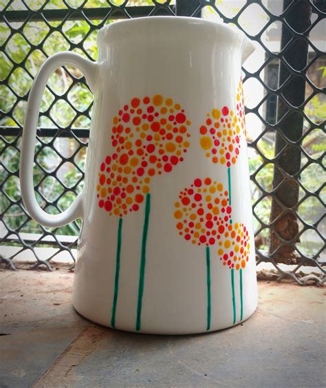 Large Water Jug With Hand Painted Dot Motif Flowers Pottery Painting