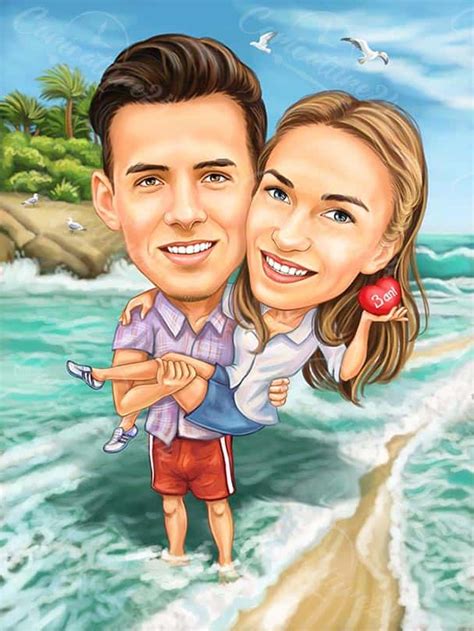 Customized Love Caricature Couple On The Beach From A Photo The