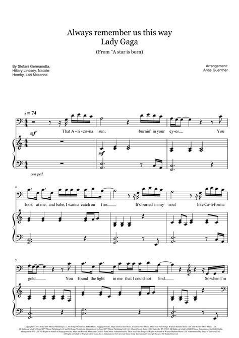 Always Remember Us This Way Arr Antje Günther Sheet Music Lady Gaga Piano And Vocal