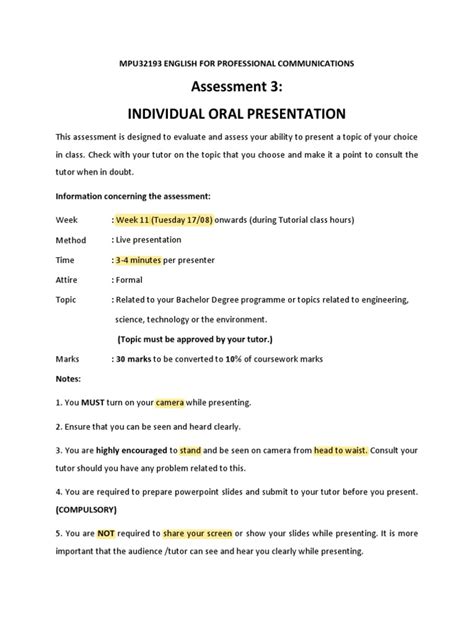 Assessment 3 Individual Oral Presentation Pdf Communication