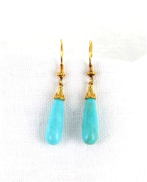 SLEEPING BEAUTY TURQUOISE EARRINGS 21x6mm TEARDROP 18K Gold From New