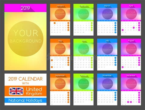 Flat Calendar Design 2019 With United Kingdom National Holidays Stock