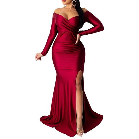 Alsliao Women Off Shoulder Bodycon Slim V Neck Party Gown Cocktail Night Long Maxi Dress