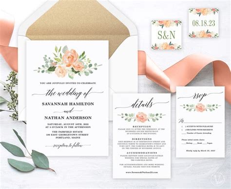 Peach Floral Wedding Invitation Set Printable Wedding Etsy