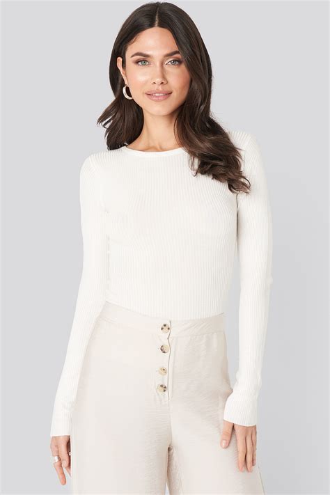 Ribbed Knitted Round Neck Sweater White Na
