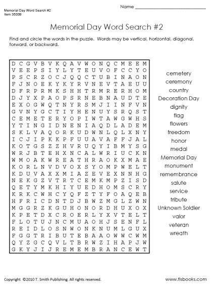 Geeky Memorial Day Word Search Printable Stone Website