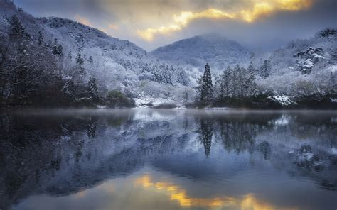 Nature Landscape Hills Snow Winter Lake Clouds Sunset Water Reflection Trees