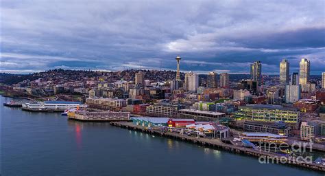 Aerial Seattle Waterfront Piers And Space Needle Photograph By Mike