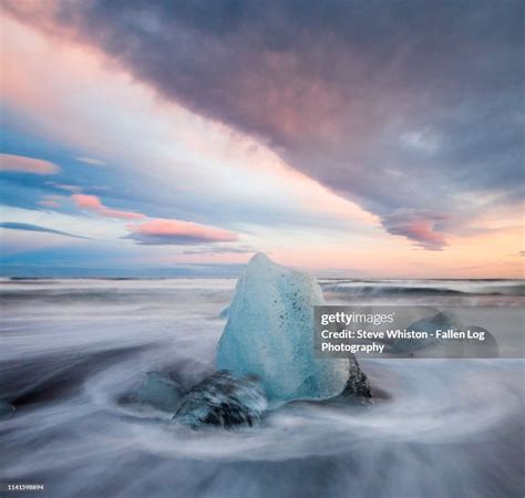 Sunset Time Exposure At Icelands Famous Iceberg Black Sand Beach High