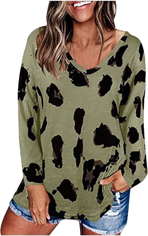 Women Long Sleeve Tshirt Tops Casual Trendy Cheetah Print Loose Fit