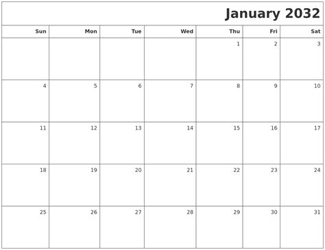 January 2032 Printable Blank Calendar