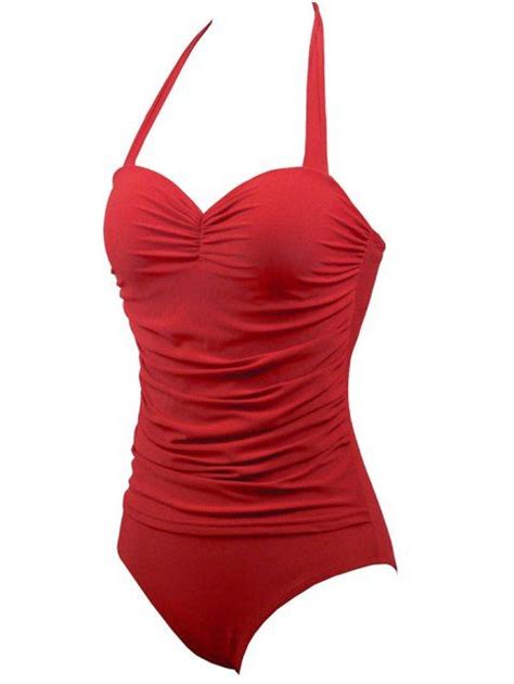 2018 Halter Underwire One Piece Retro Swimsuit Red S In One Pieces