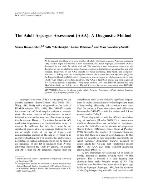 Pdf The Adult Asperger Assessment Aaa A Diagnostic Method