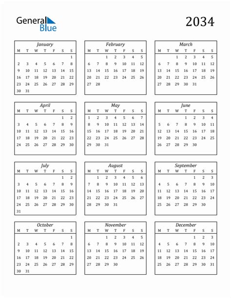 2034 Yearly Calendar Templates With Monday Start