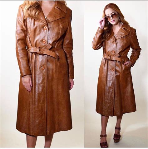 Classic Womens Long Brown Leather Trench Coat Authentic Vintage 1970s Button Down Front