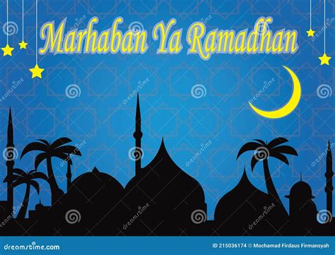 Marhaban Ya Ramadhan Fasting Islamic Holy Mosque Line Sketch Cartoon