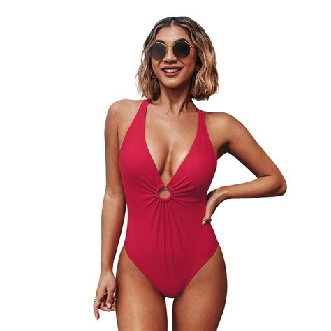 Deep V Neck One Piece Swimsuit Women Sexy O Ring Solid Red Criss