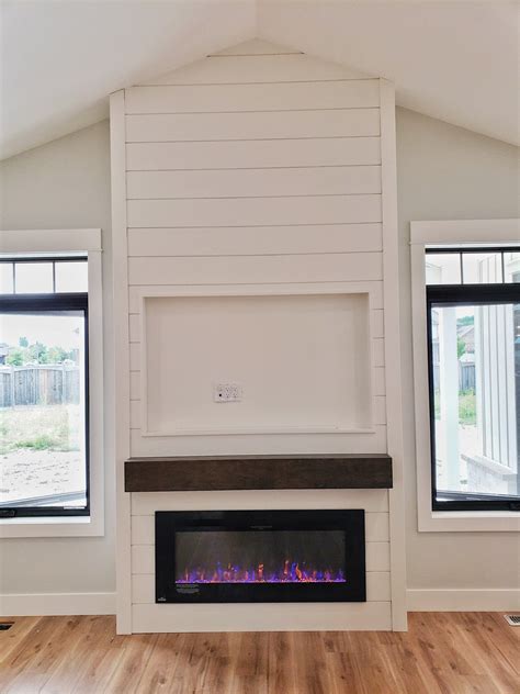 Clean White Shiplap Linear Fireplace Detail With TV Shadow Box Home Fireplace Linear
