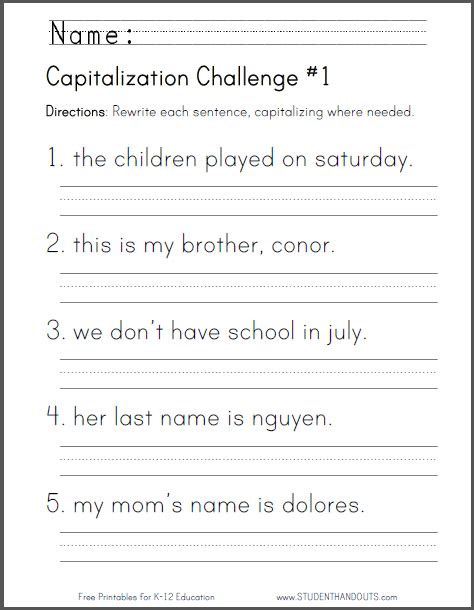 Capitalization Challenge Worksheet 1 Student Handouts First Grade