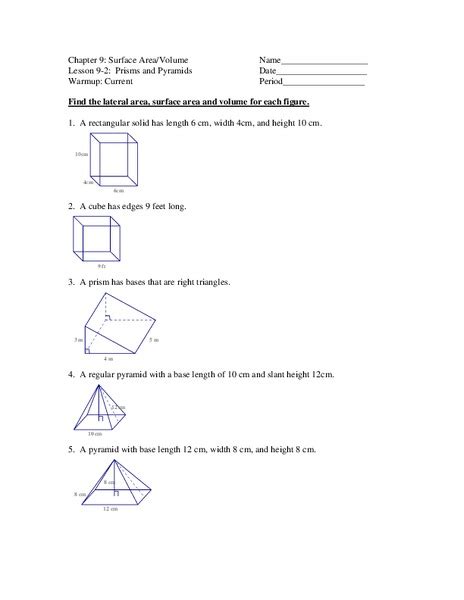 Surface Area And Volume Worksheet For 10th Grade Lesson Planet