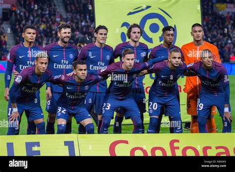 PSG team line up before the French Ligue 1 soccer match between Paris