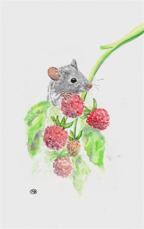 Little Cute Field Mouse On A Raspberry Cane Painting 2020