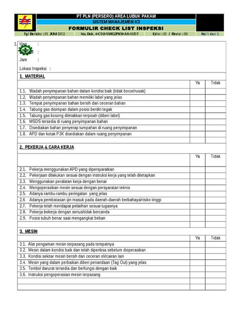 Form Check List Inspeksi A4 Ok