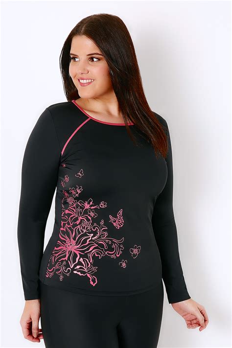 Black And Pink Floral Print Long Sleeve Swim Top Plus Size 16 To 32