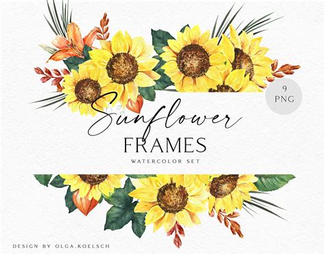 Watercolor Sunflower Frame Clipart Boho Sunflower Bouquet Etsy
