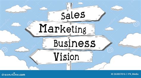 Sales, Marketing, Business, Vision - Outline Signpost with Four Arrows
