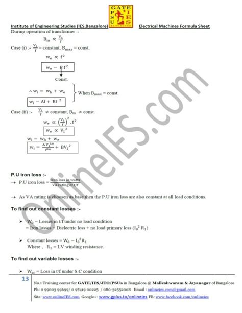 Electrical Machines Formula Sheet For Gate