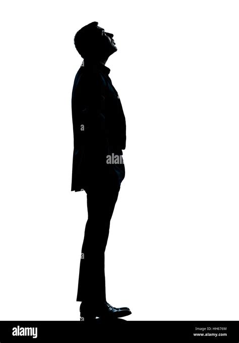One Caucasian Business Man Silhouette Standing Looking Up Full Length