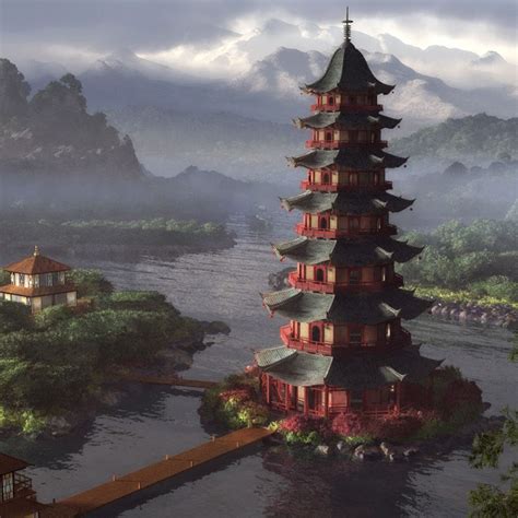 Chinese Pagoda Fantasy Tower Art Chinese Pagoda Painting