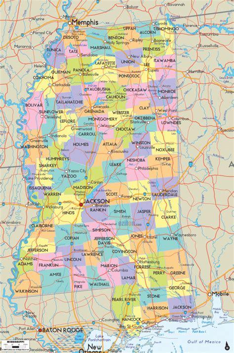 Detailed Political Map Of Mississippi Ezilon Maps Freeprintableme