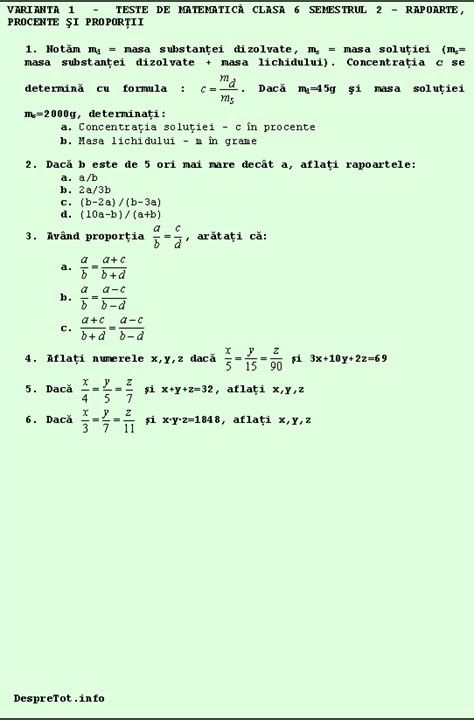 Teste Matematica Clasa 6 Semestrul 2 Rapoarte Procente Si Proportii