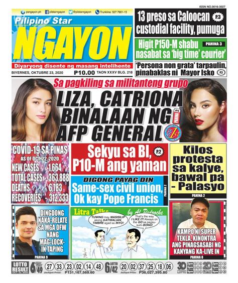 Read news from the most popular philippine newspapers. Pilipino Star Ngayon-October 23, 2020 Newspaper