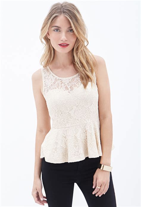 Forever 21 Contemporary Sleeveless Lace Peplum Top In White Lyst