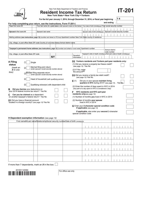 Fillable Form It 201 2014 Resident Income Tax Return New York State