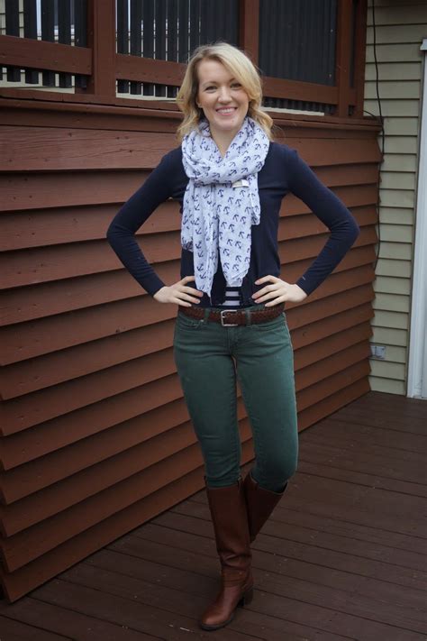 Green Skinnies Navy Cardigan Anchor Scarf Striped Top Brown Boots Anchor Scarf Autumn