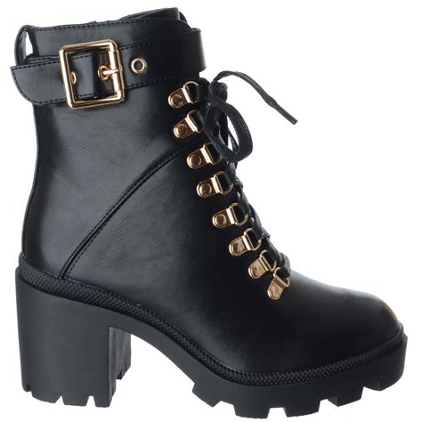 womens platform chunky block heel zip goth punk ladies lace up ankle boots size ebay