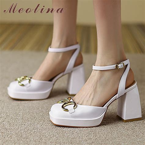 Meotina Shoes Women Genuine Leather Ankle Strap Sandals Thick Heels Sandals Platform Chain Super