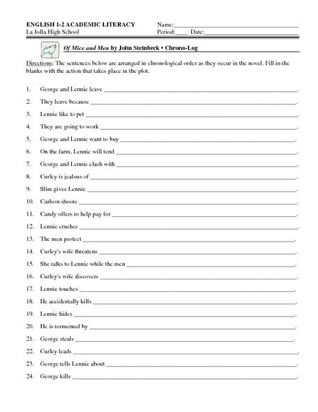 Of Mice And Men By John Steinbeck Chrono Log Worksheet For 6th 9th