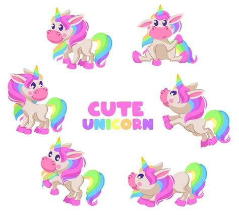 Cute Unicorns With Different Colored Hair And Manes Are Depicted In