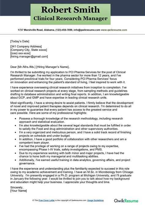 Clinical Research Manager Cover Letter Examples Qwikresume