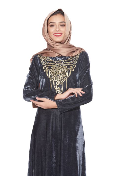 Grayish Blue Velvet Muslim Women Long Maxi Dress Embroidery Abaya