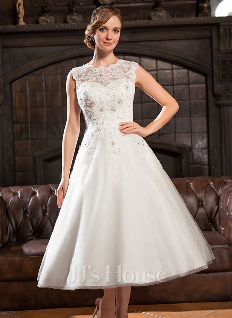 Ball Gownprincess Tea Length Tulle Lace Wedding Dress With Beading