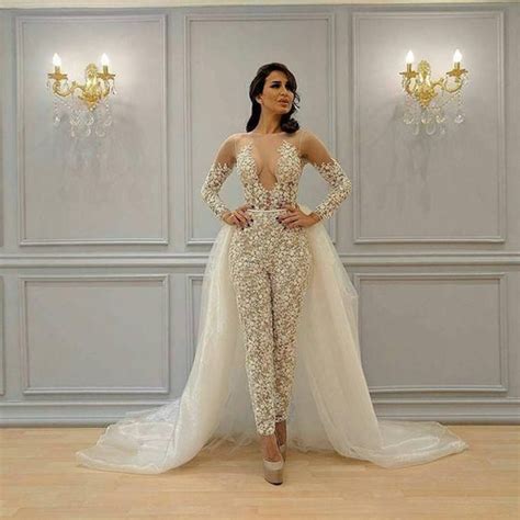 Ivory Champagne Wedding Jumpsuit With Detachable Train 2020 Illusion