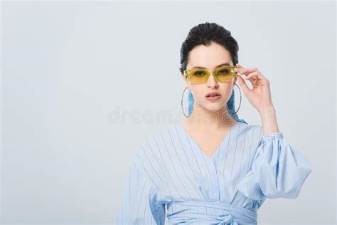 Stylish Girl In Sunglasses Posing Isolated On Grey With Copy Space Stock Image Image Of