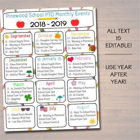 Editable Monthly Pto Pta Flyer Printable Handout School Year Etsy