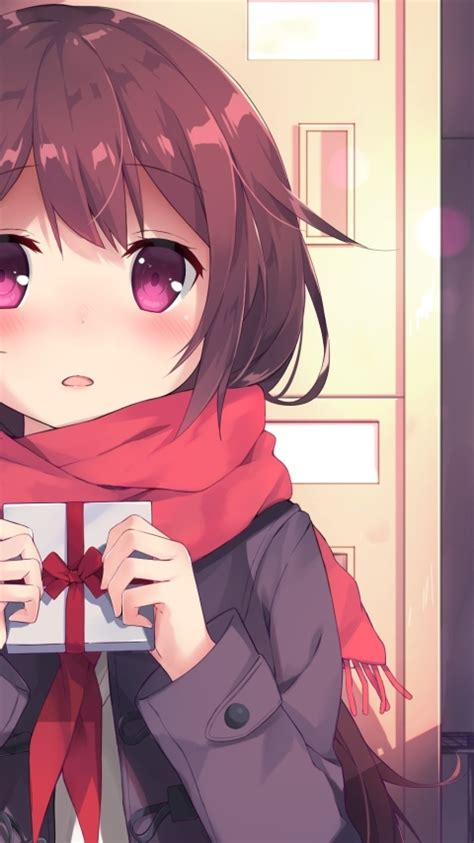Wallpaper Shy Expression Valentines Day Anime Girl Red Scarf